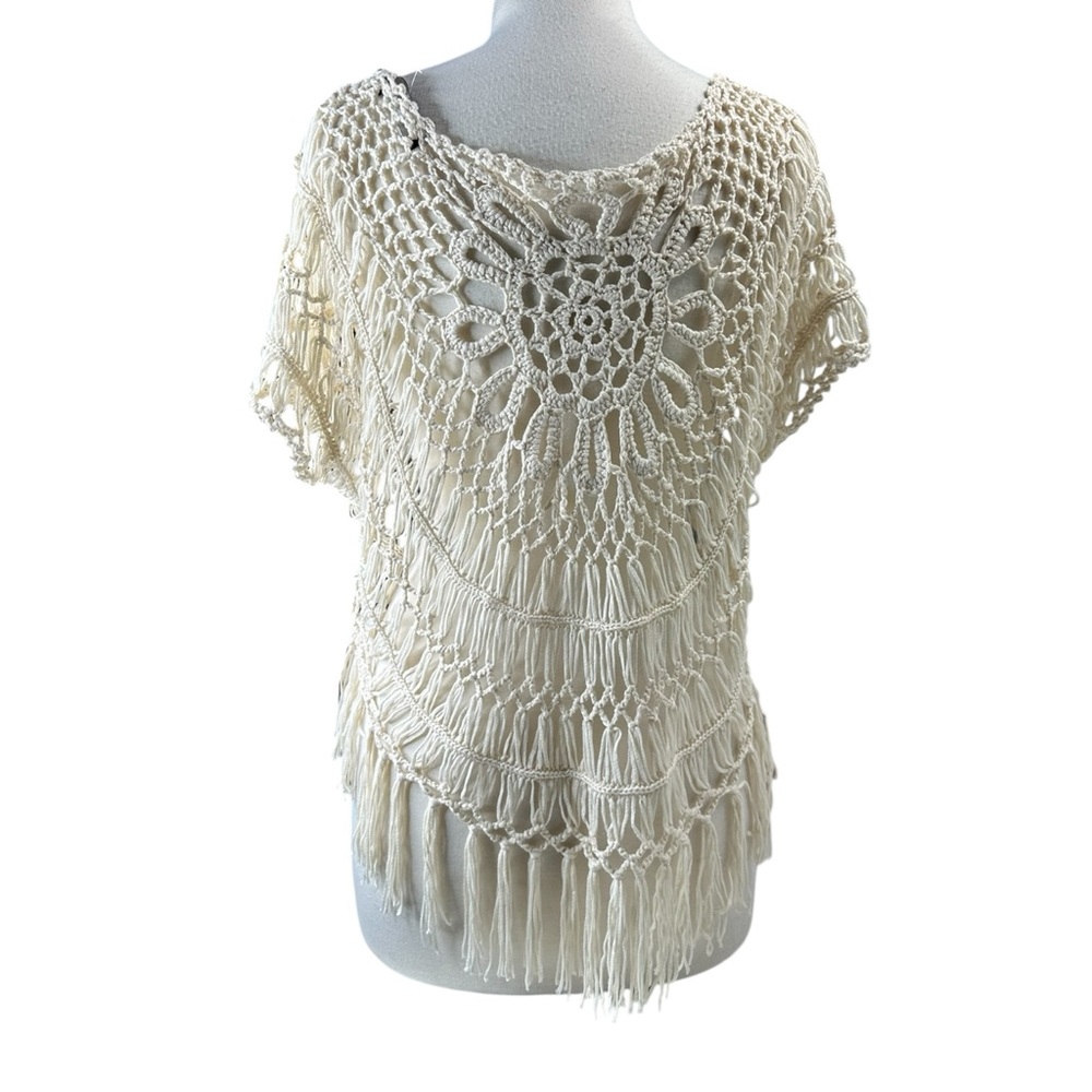 Forever21 Crochet Top Beach Cover Up Cream Fringe Poncho Crochet Shirt Summer - Picture 2 of 13